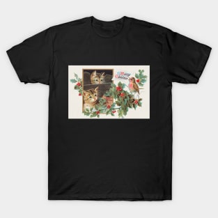 Cute Christmas Kitten Cats Vintage Greeting Card T-Shirt